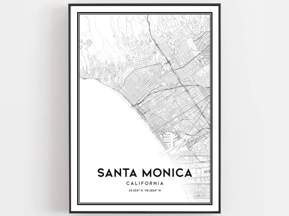 Santa Monica California City Street Map Poster Minimalist Wall Decor Home Gift