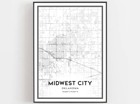 Midwest City Map Poster Print, Oklahoma Street Decor