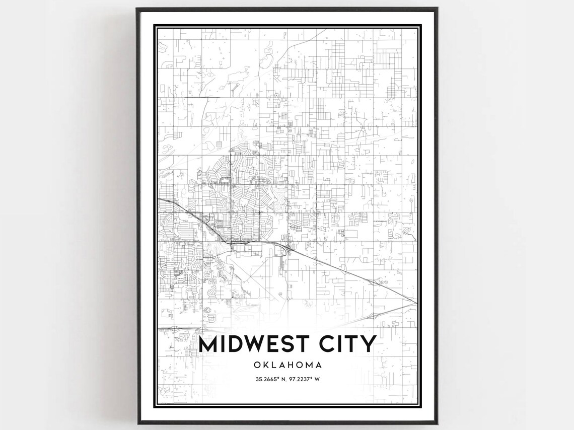 Midwest City Map Poster Print, Oklahoma Street Decor
