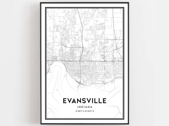 Evansville Map Print Poster Wall Art In City Indiana Street Decor Road Gift B575
