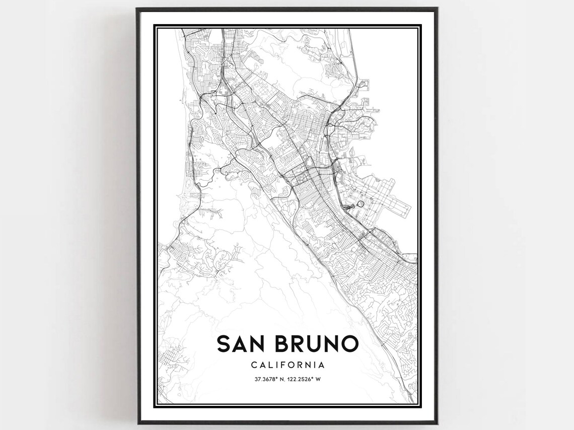 San Bruno California City Street Map Poster Minimalist Wall Decor Home Gift