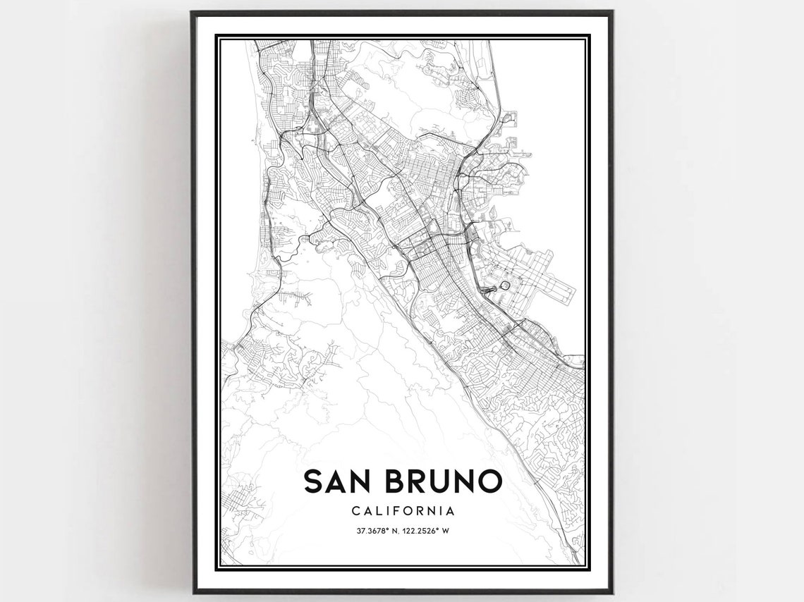 San Bruno Map Print Poster Wall Art Ca City Street Decor Road Gift