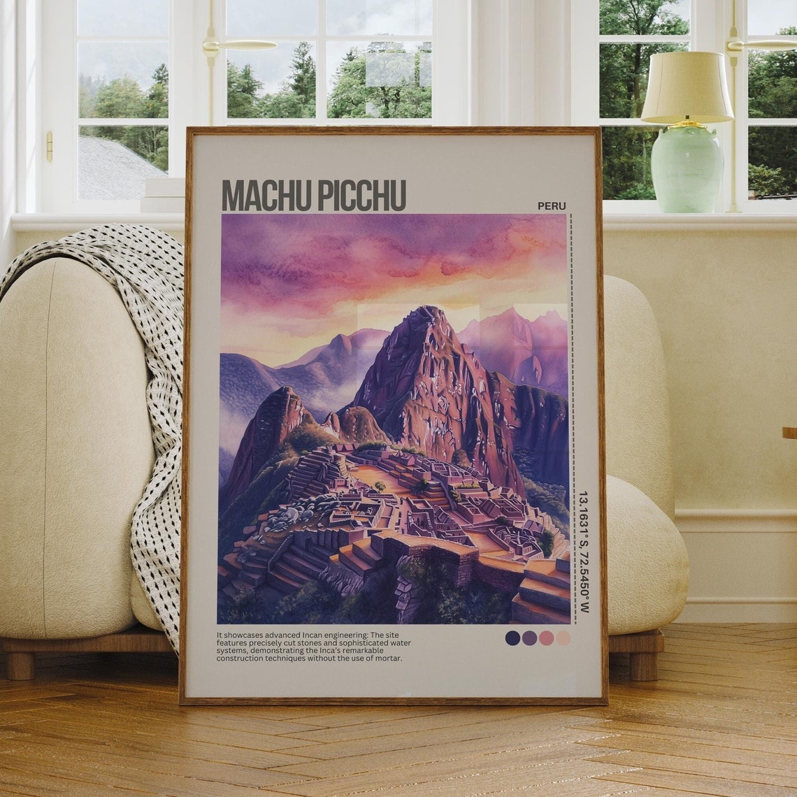 Machu Picchu Pink Sunset Peru Watercolor Mountain Travel Poster