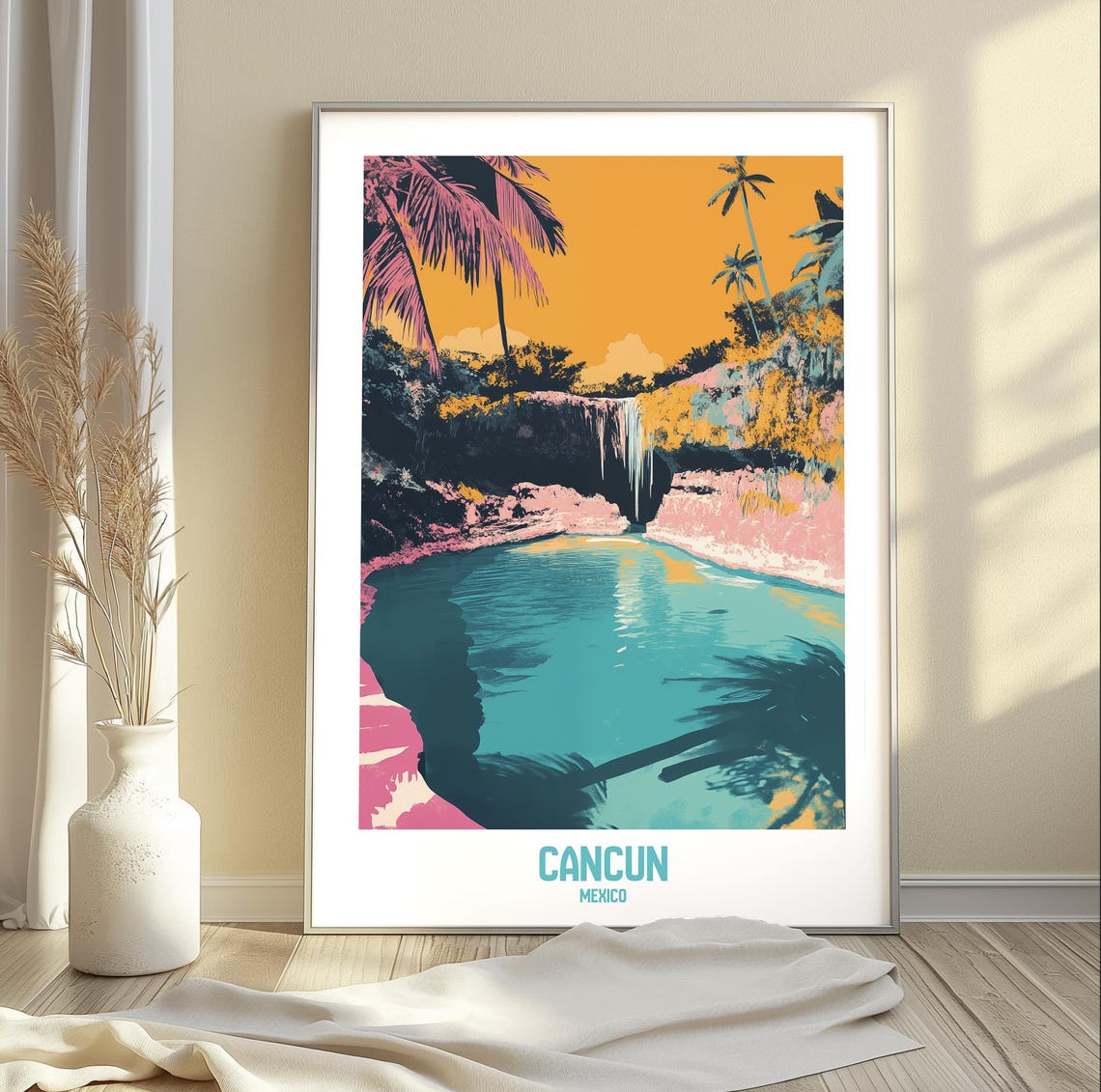 Cancun Mexico Cenote Waterfall Tropical Jungle Pool Vintage Poster