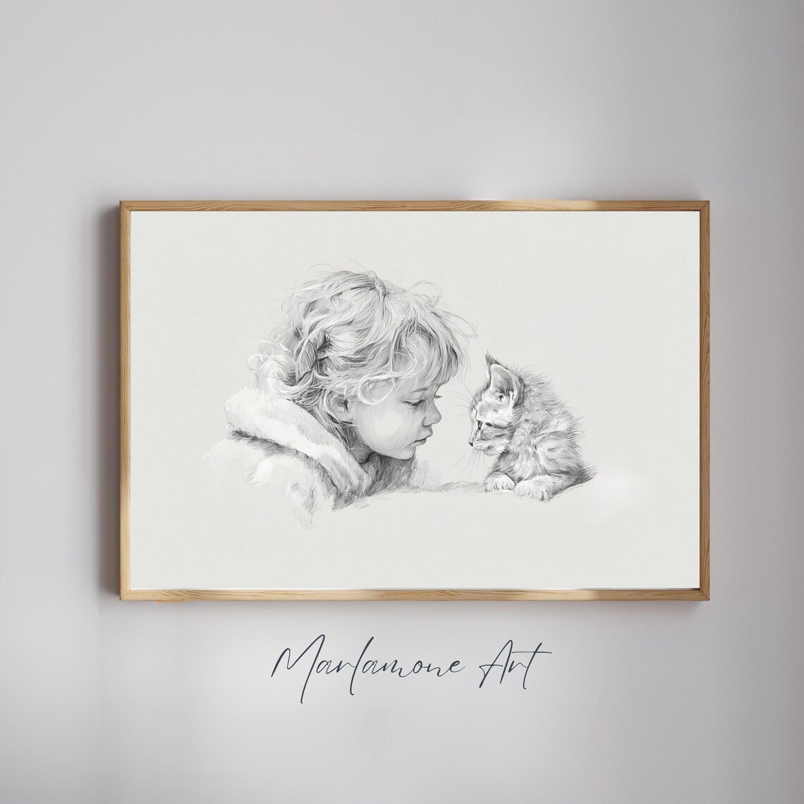 Little Girl With Kitten Pencil Sketch Minimalist Nursery Poster