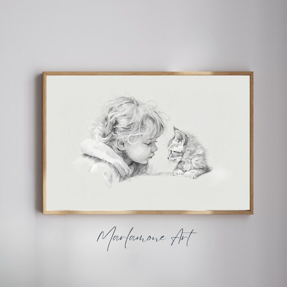Little Girl With Kitten Pencil Sketch Minimalist Nursery Poster