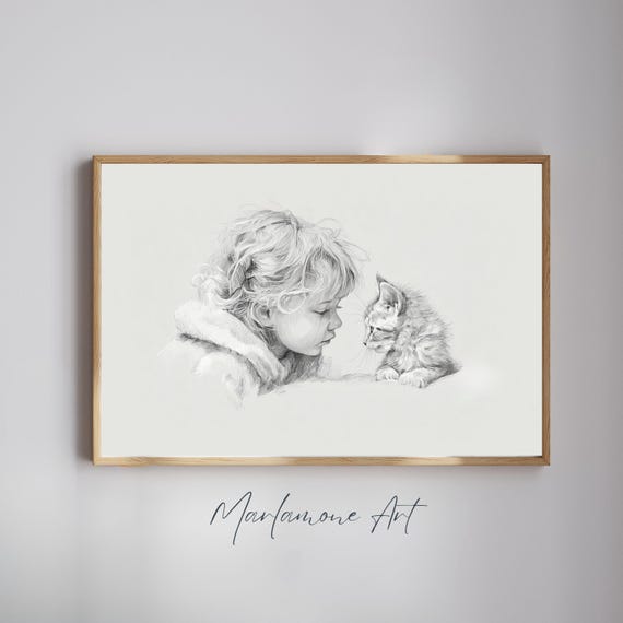 Vintage Baby Girl And Kitten Print Nursery Art