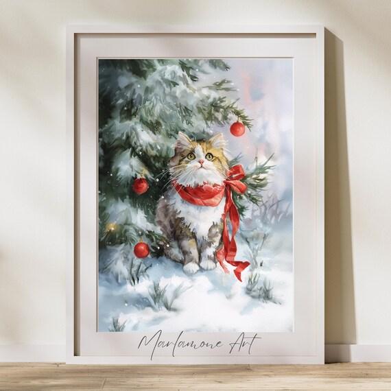 Winter Cat in Red Scarf by Snowy Christmas Tree Watercolor Poster