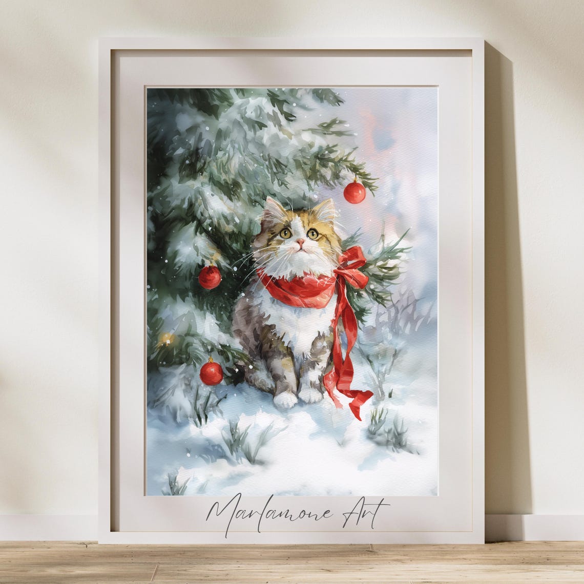 Winter Cat in Red Scarf by Snowy Christmas Tree Watercolor Poster