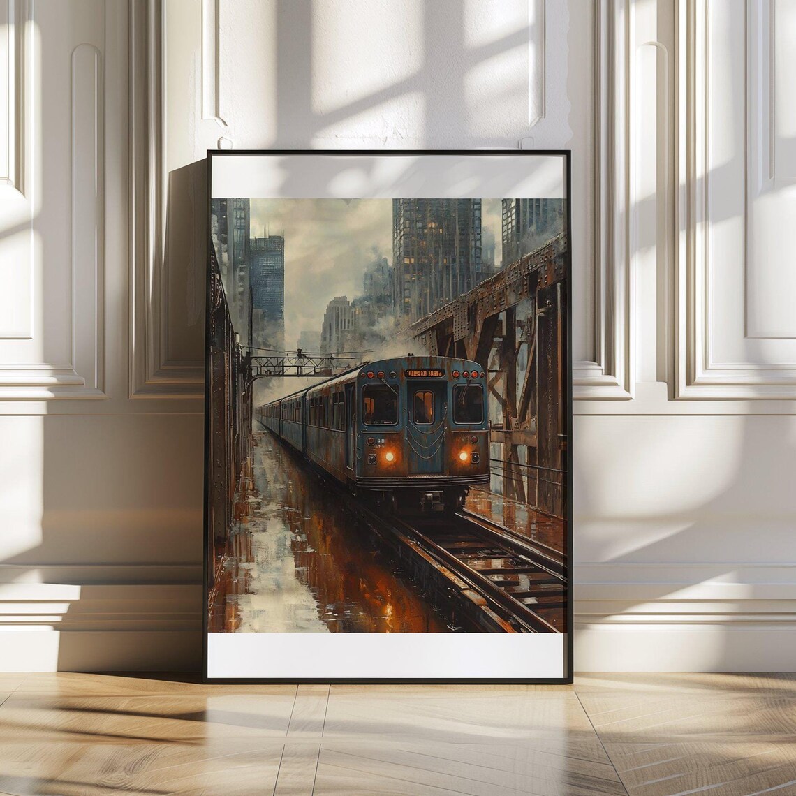 Moody City Train on Elevated Tracks Industrial Urban Scene Poster