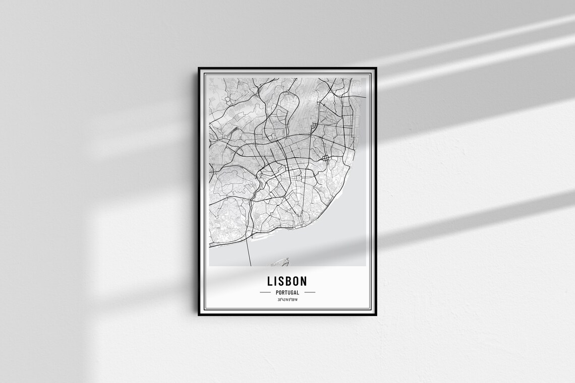 Lisbon Portugal Minimalist Black White City Street Map Poster - Image 3