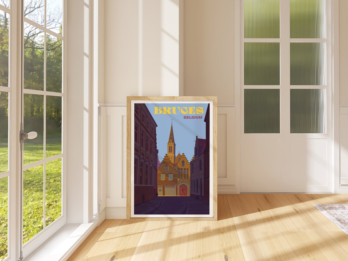 Bruges Belgium Old Town Street Scene Colorful Retro Travel Poster - Image 4