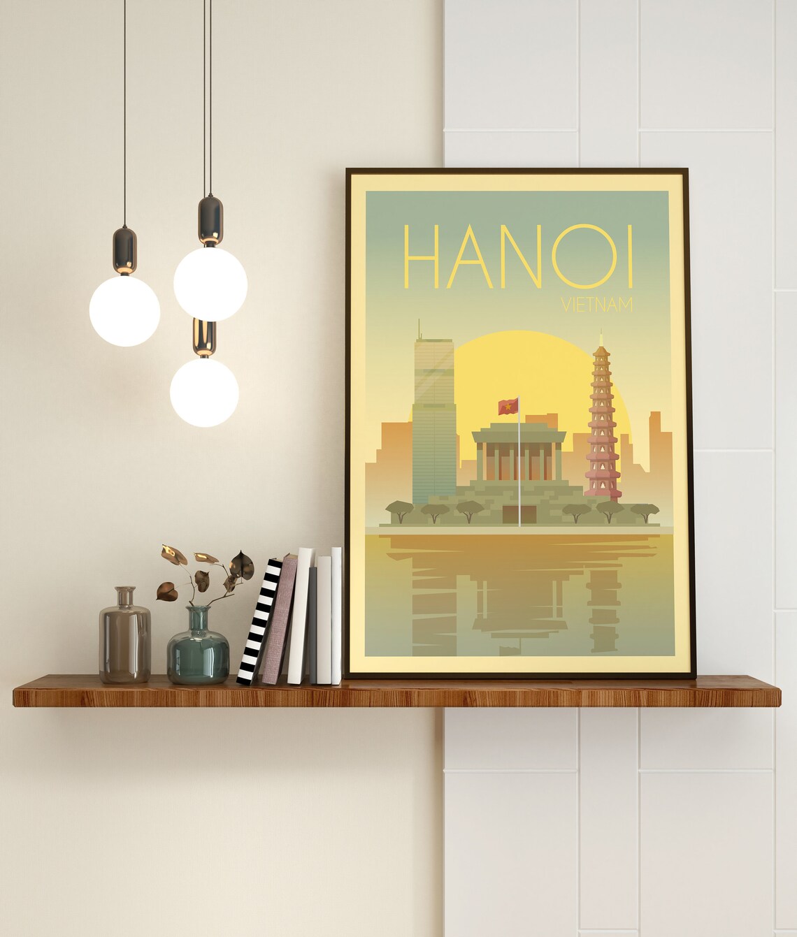 Hanoi Vietnam Vintage Travel Pagoda Temple Sunset Skyline Poster - Image 3