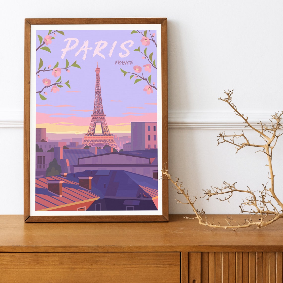 Paris Eiffel Tower France Cherry Blossom Sunset Rooftops Poster - Image 3