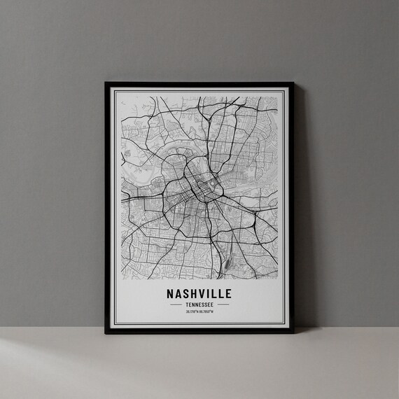 Nashville Tennessee Black and White Minimalist City Map Poster