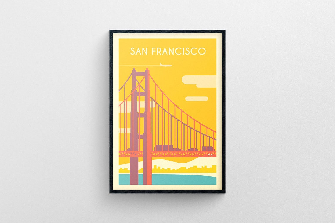 San Francisco Golden Gate Bridge Sunset Plane California Poster Art - Image 5