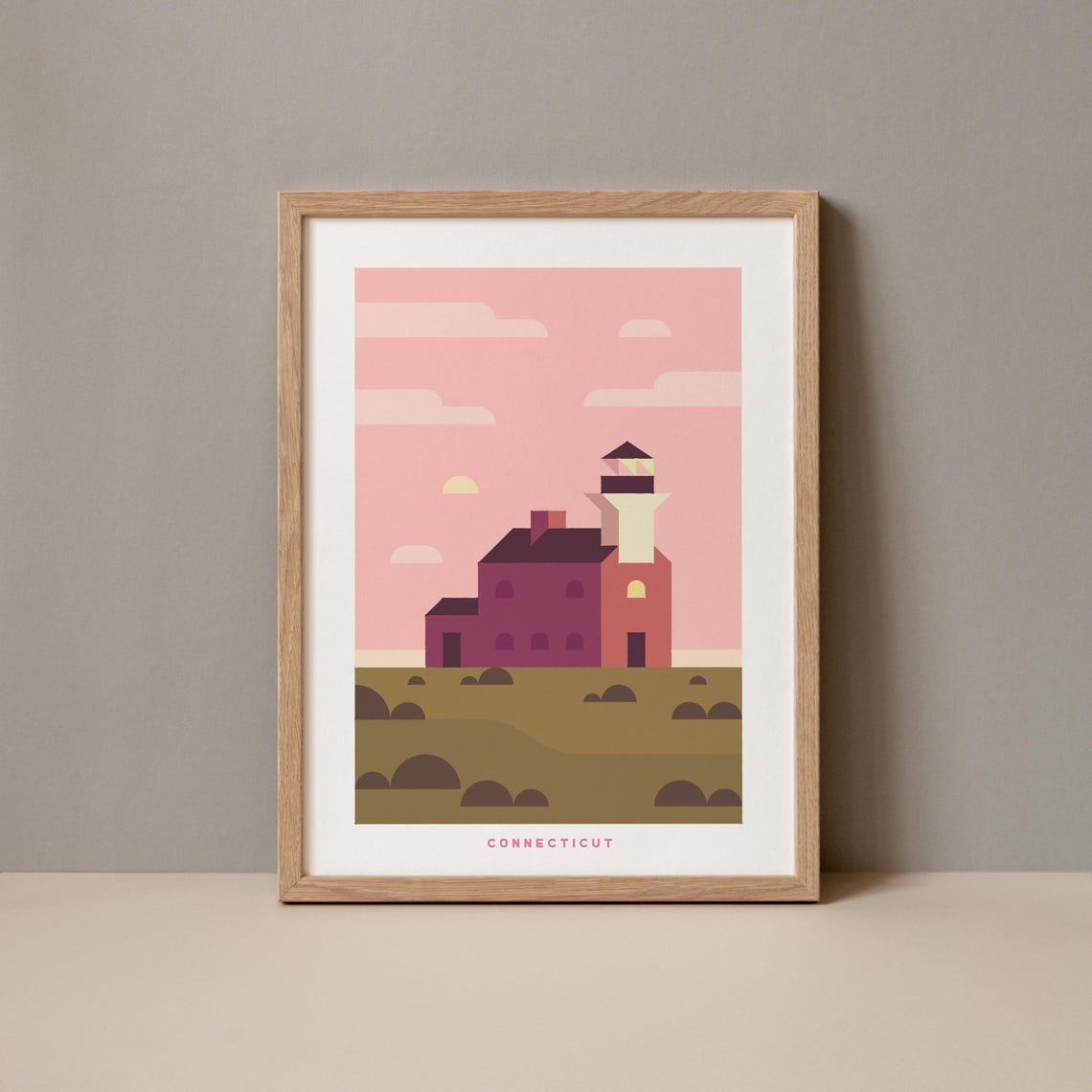 Connecticut Lighthouse Coastal Sunset Geometric Art Wall Poster