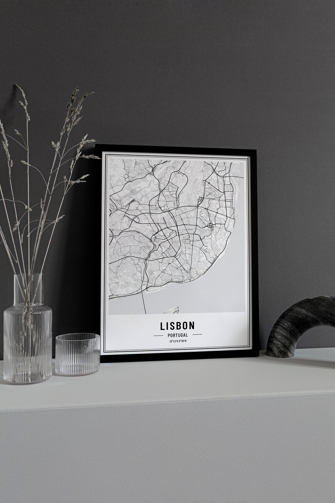 Lisbon Portugal Minimalist Black White City Street Map Poster - Image 2