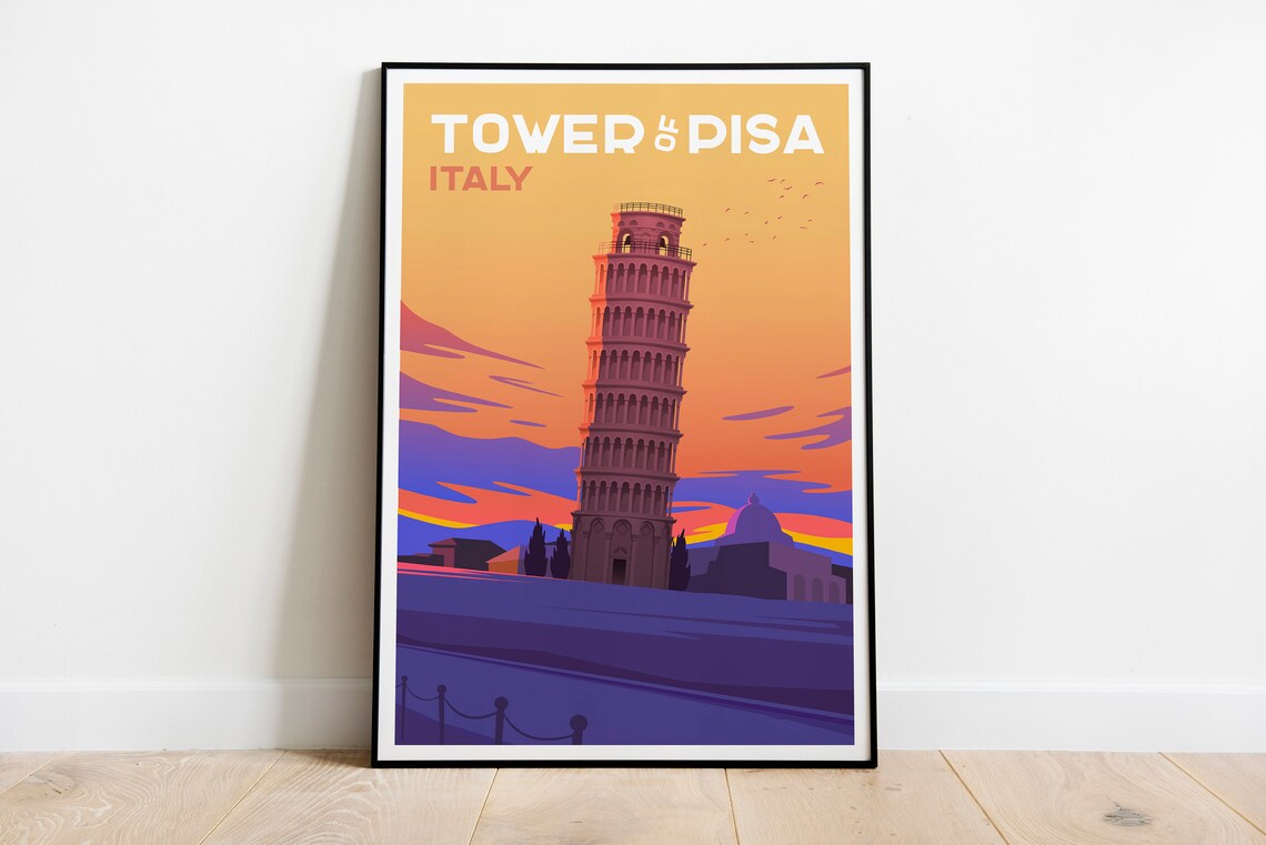 Tower of Pisa Italy Sunset Vintage Travel Illustration Poster