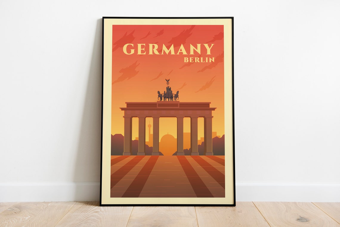 Germany Berlin Brandenburg Gate Vintage Sunset Travel Poster