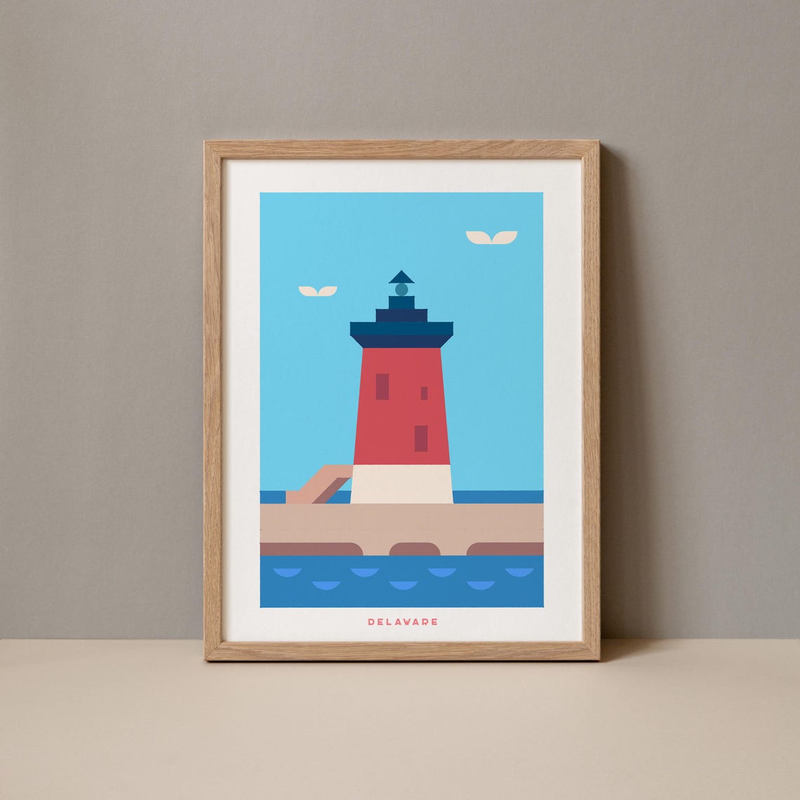Delaware Lighthouse Geometric Art Print Red Coastal Beacon Design