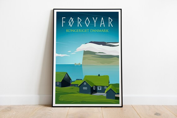 Faroe Islands Grass Roof Village Sea Coast Denmark Travel Poster Art