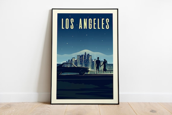 Los Angeles Night Skyline Couple Classic Car City Lights Poster Art