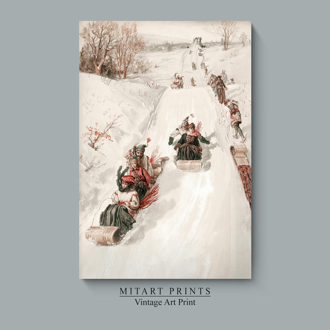 Vintage Sledding Scene Children Racing Down a Snowy Hill Art Print - Image 4