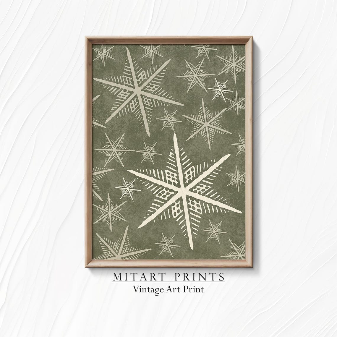Vintage Sage Green Star and Snowflake Pattern Christmas Wall Art