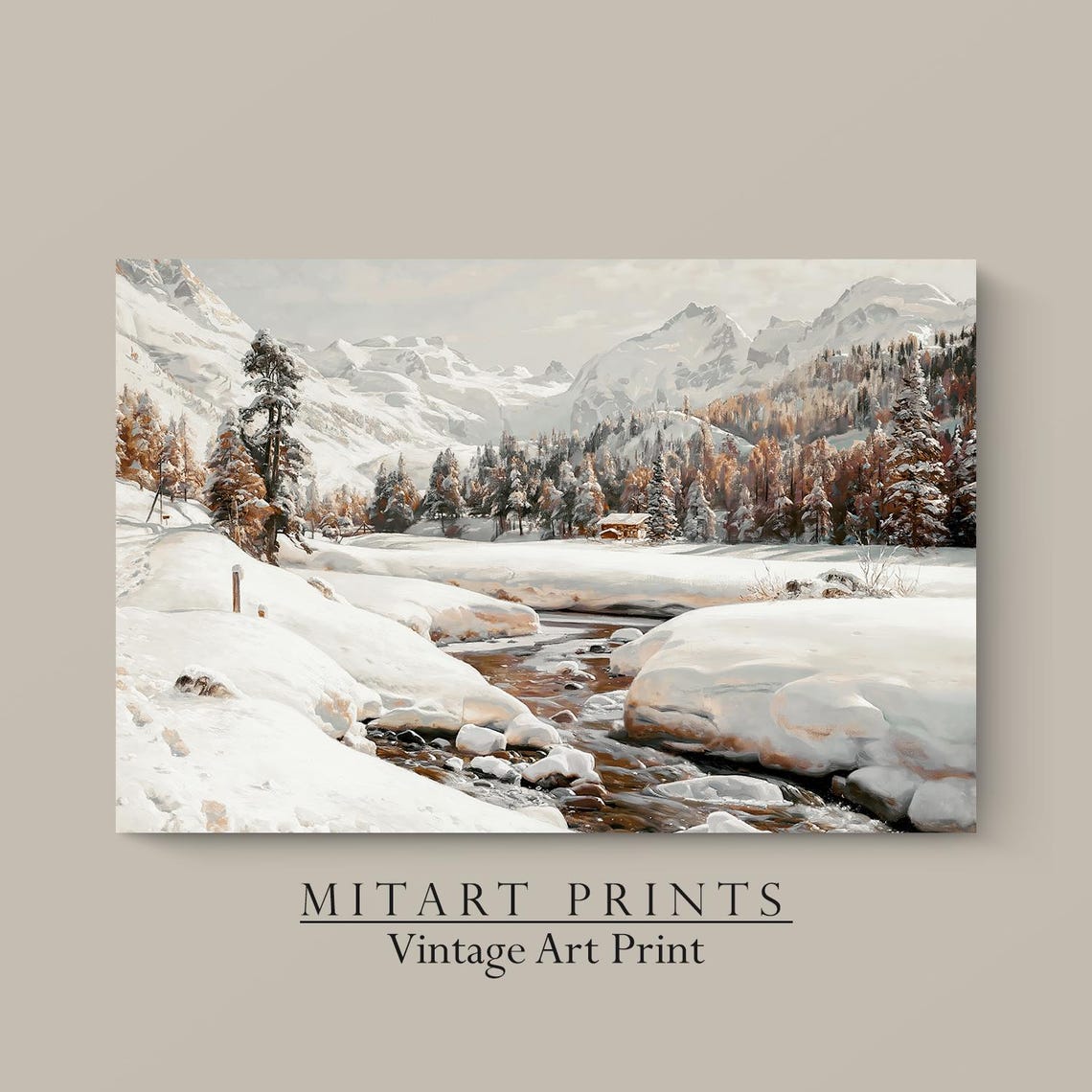 Snowy Alpine Mountain Valley Stream Winter Landscape Art Print - Image 4