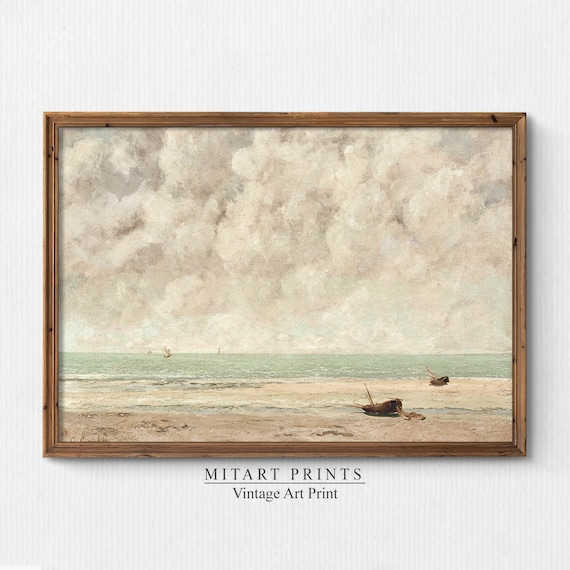 Vintage Beach Seascape with Beached Boats Cloudy Sky Painting Poster