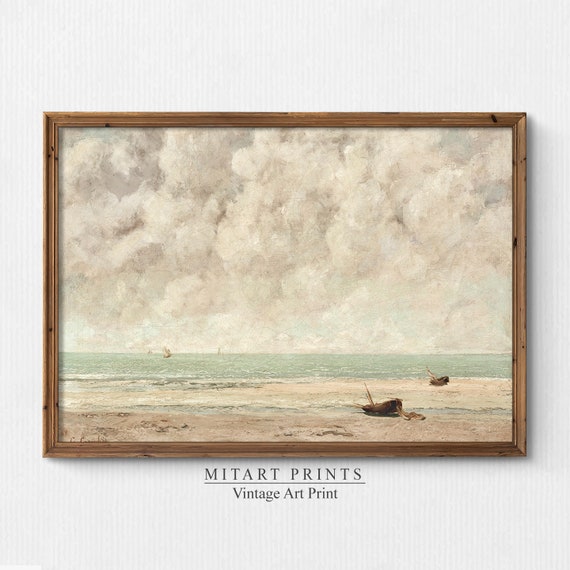 Vintage Coastal Painting Beach Landscape Painting Moody Seascape Print Vintage Seascape Painting Muted Coastal Print Art
