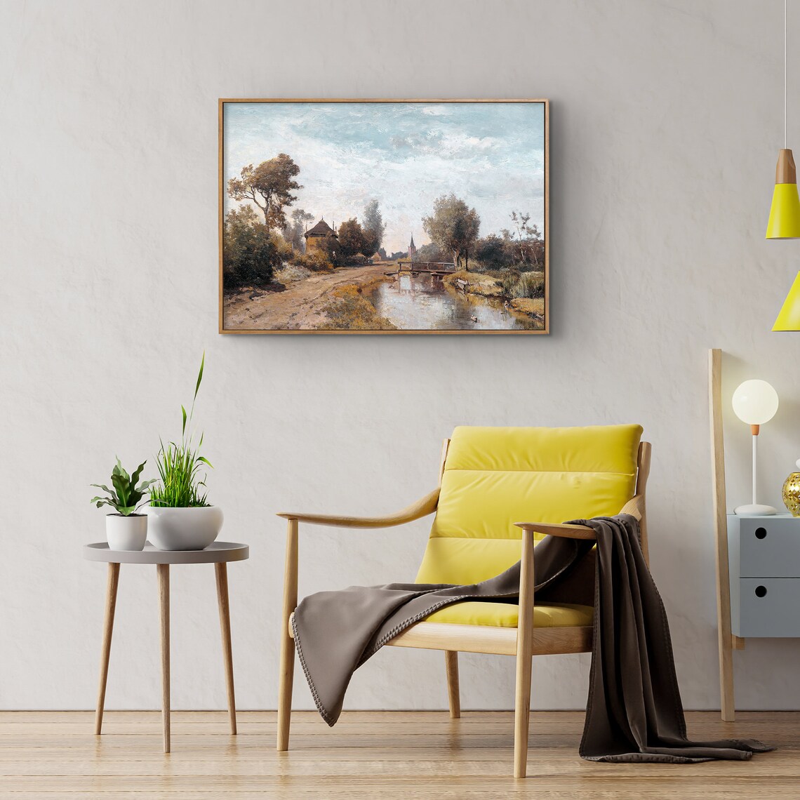 Antique Village Road Stream Bridge Thatched Cottage Oil Poster - Image 3