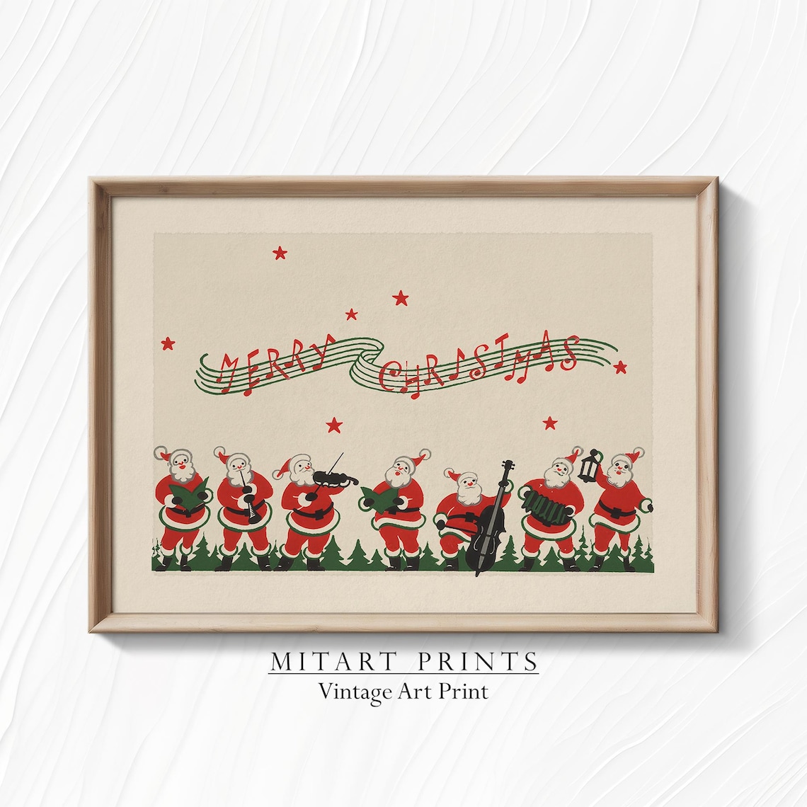 Merry Christmas Santa Claus Band Vintage Holiday Folk Art Print