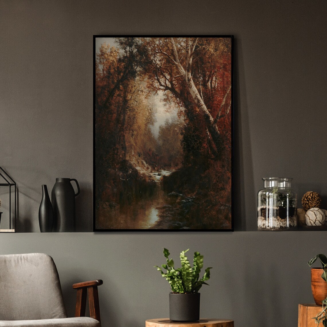 Vintage Autumn Forest Stream Dark Russet Trees Oil Painting Poster - Image 4