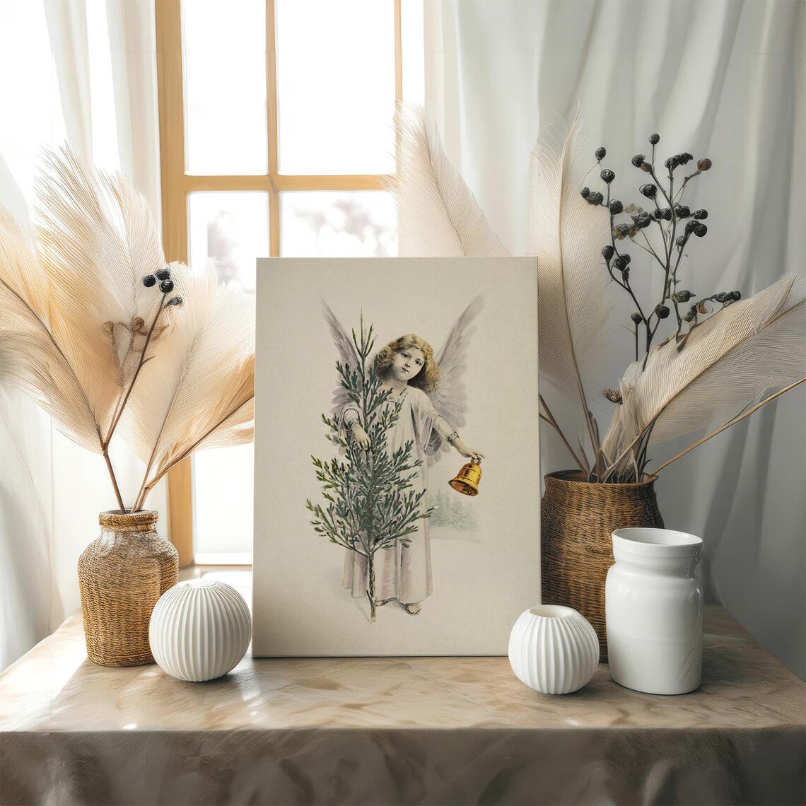 Vintage Christmas Angel Holding Tree and Golden Bell Art Print - Image 3