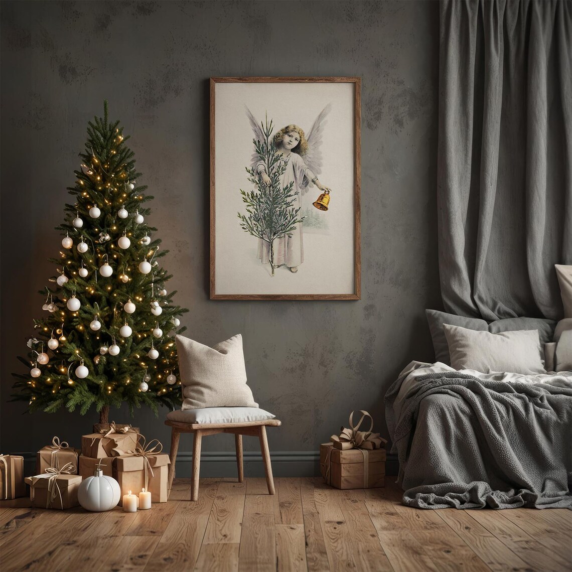 Vintage Christmas Angel Holding Tree and Golden Bell Art Print - Image 5