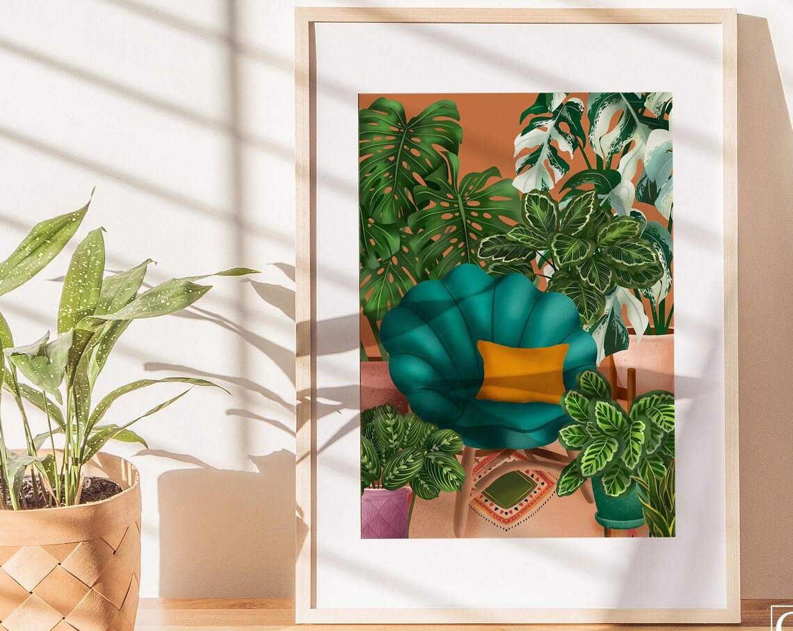 Teal Scallop Chair with Mustard Cushion in a Plant Room Poster - Image 2
