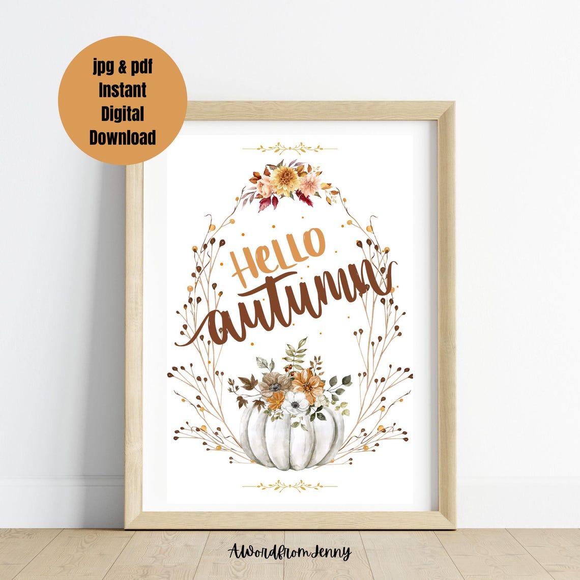 Hello Autumn White Pumpkin Watercolor Fall Floral Seasonal Wall Art - Image 3