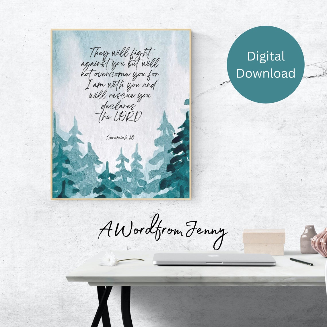 Jeremiah 1 19 I Am With You Pine Forest Watercolor Scripture Poster - Image 2