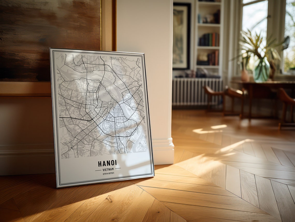 Hanoi Vietnam Modern Black and White Minimalist City Map Poster - Image 3