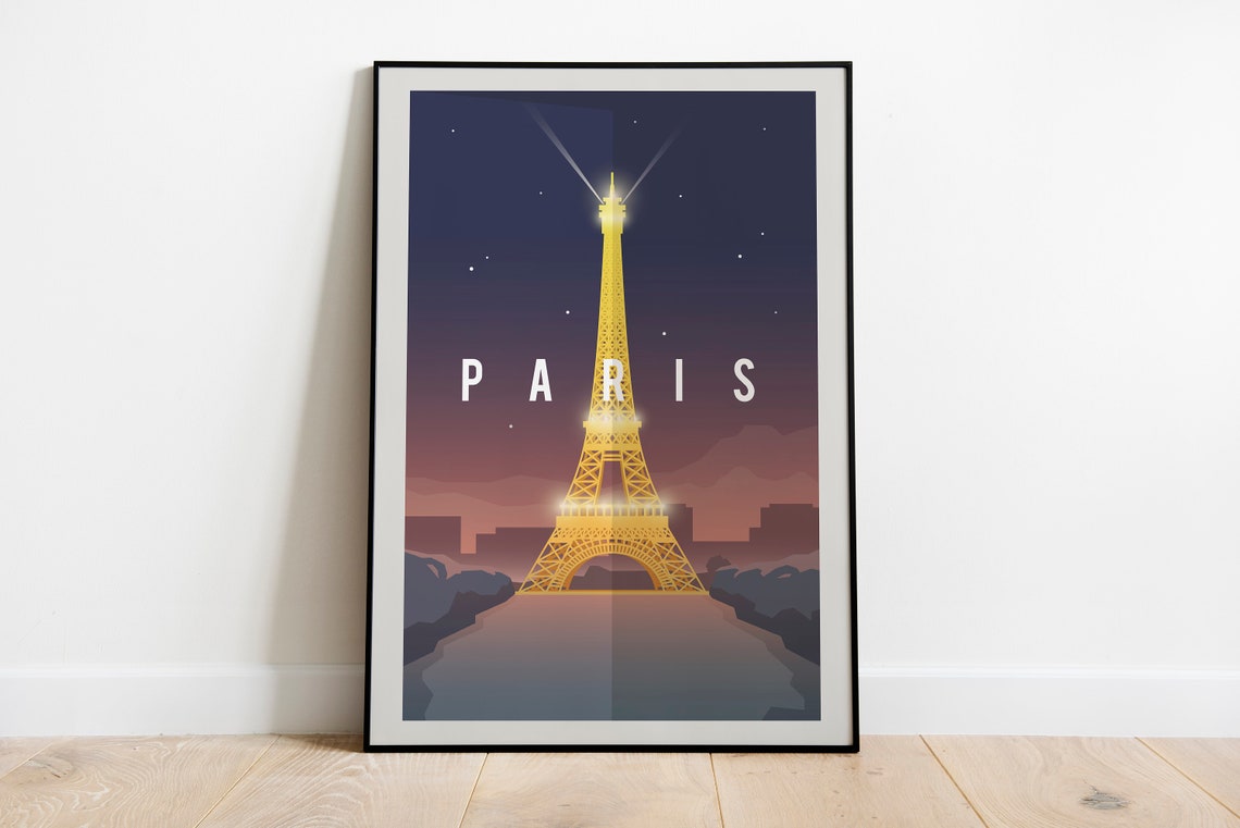 Paris Eiffel Tower Night Illuminated Starry Sky Searchlight Poster