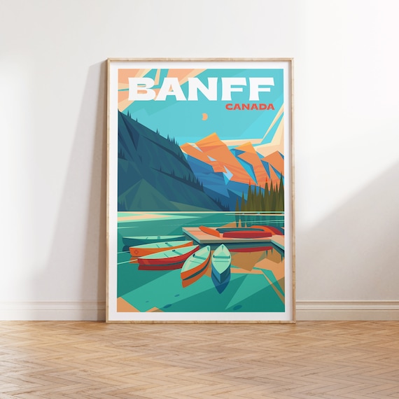 Banff Canada Retro Travel Poster Canoes Turquoise Lake Mountains Art