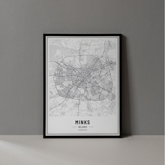 Minks Belarus Minimalist Black White City Street Map Art Poster