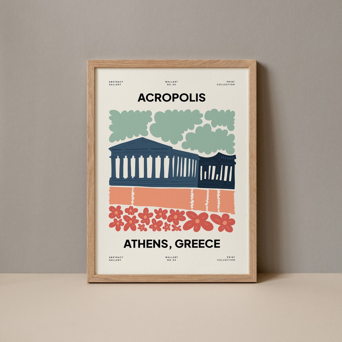 Acropolis Athens Greece Temple Columns Floral Art Style Poster