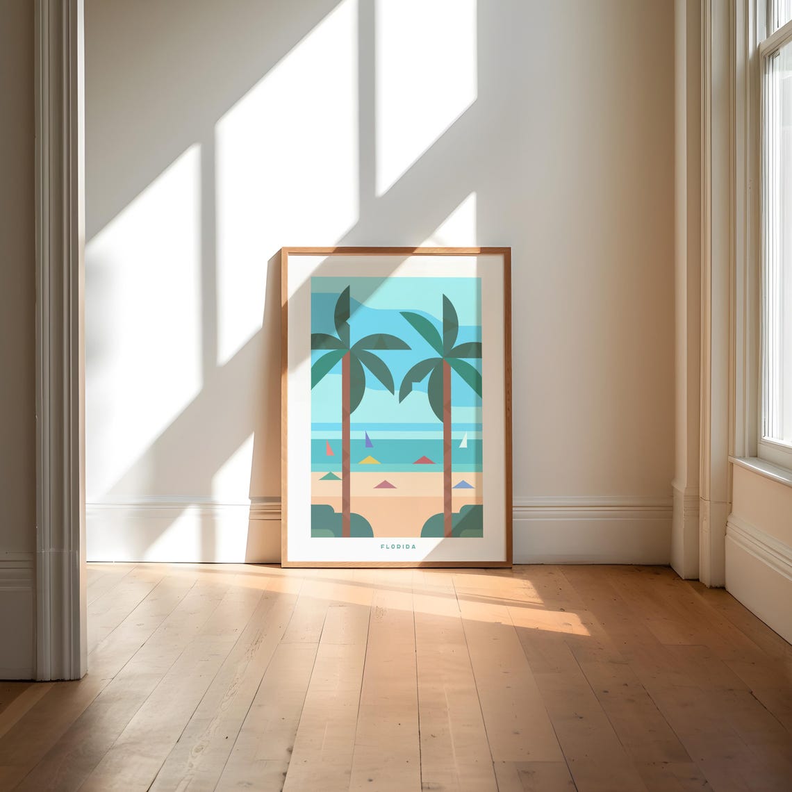 Florida Beach Geometric Art Print Palm Trees Sailboats Retro Style - Image 4
