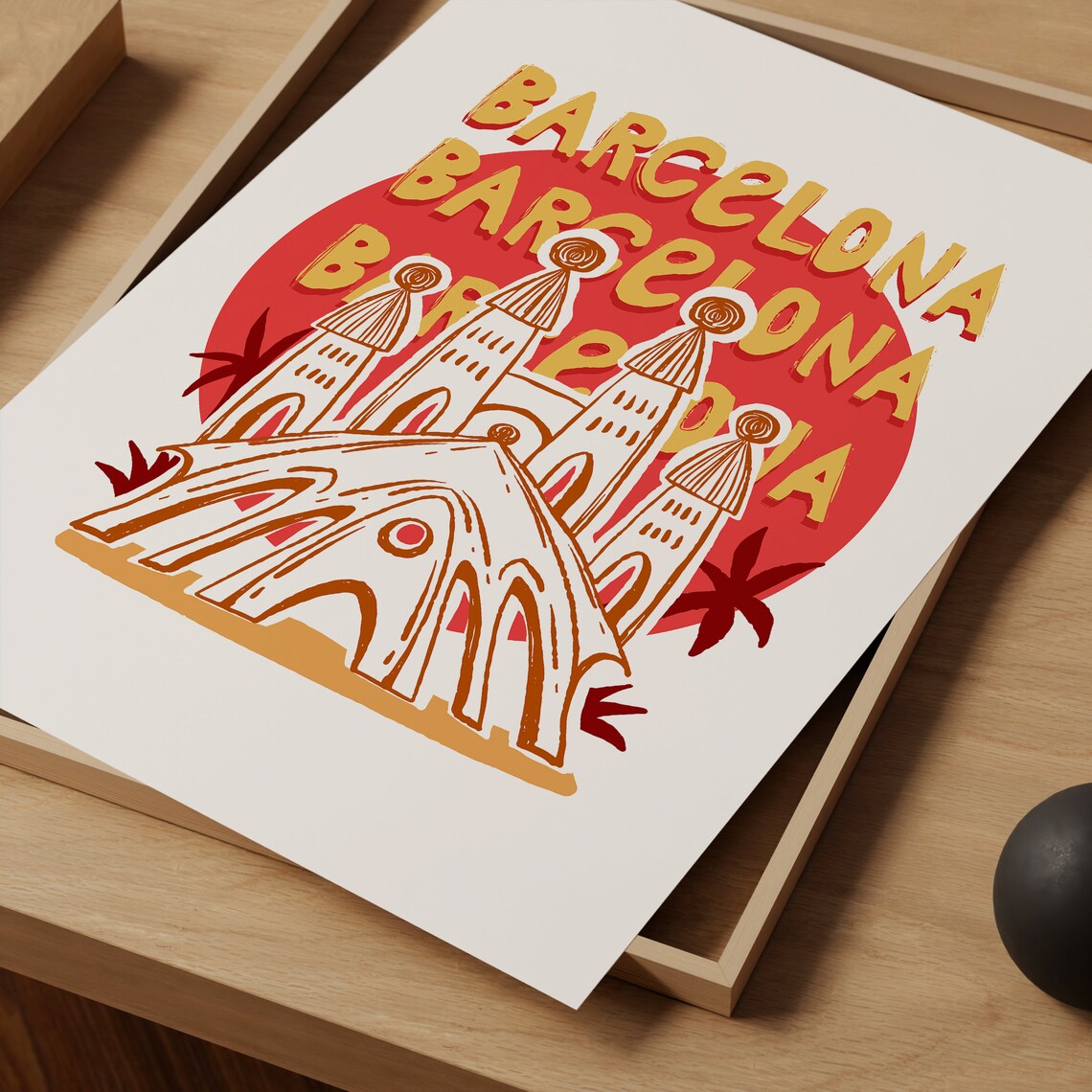 Barcelona Spain Gaudi Inspired Basilica Red Sun Travel Art Poster - Image 4