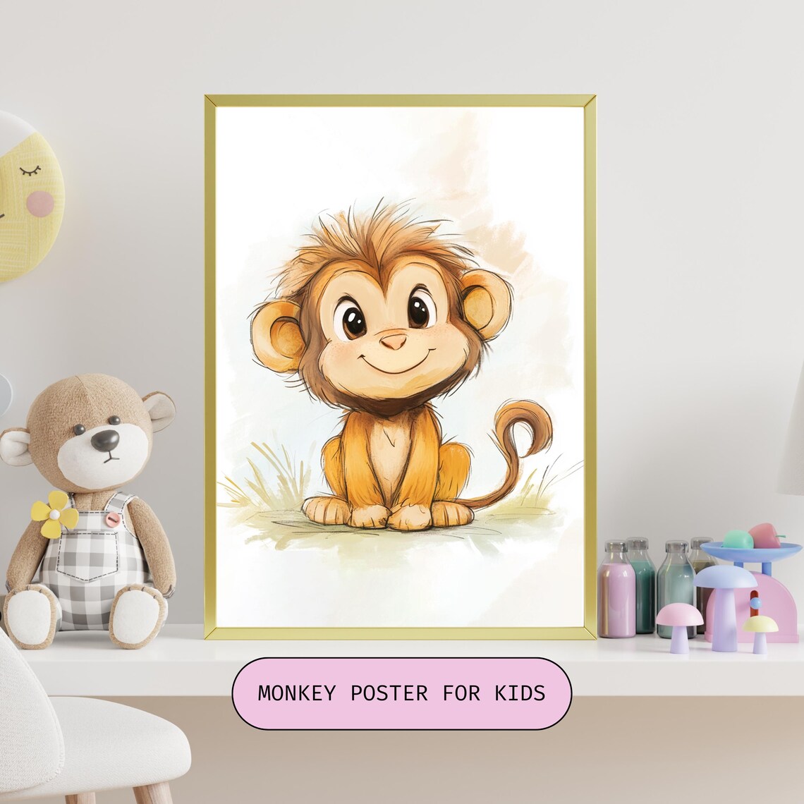 Sweet Silly Baby Monkey Grinning in Tall Grass Nursery Poster