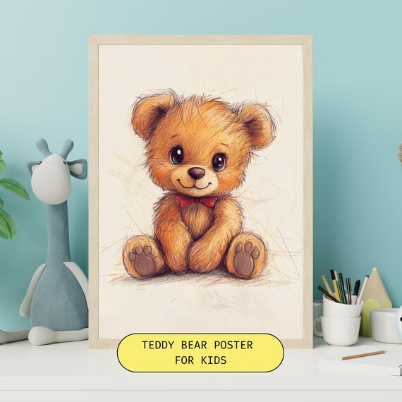 Sweet Cuddly Teddy Bear With a Red Bow Tie Nursery Wall Poster
