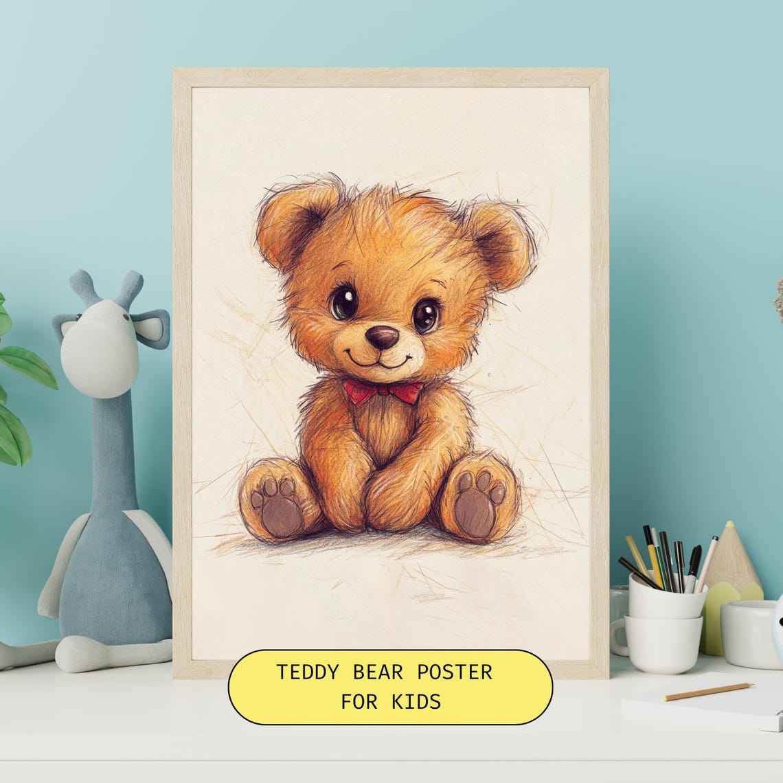 Sweet Cuddly Teddy Bear With a Red Bow Tie Nursery Wall Poster